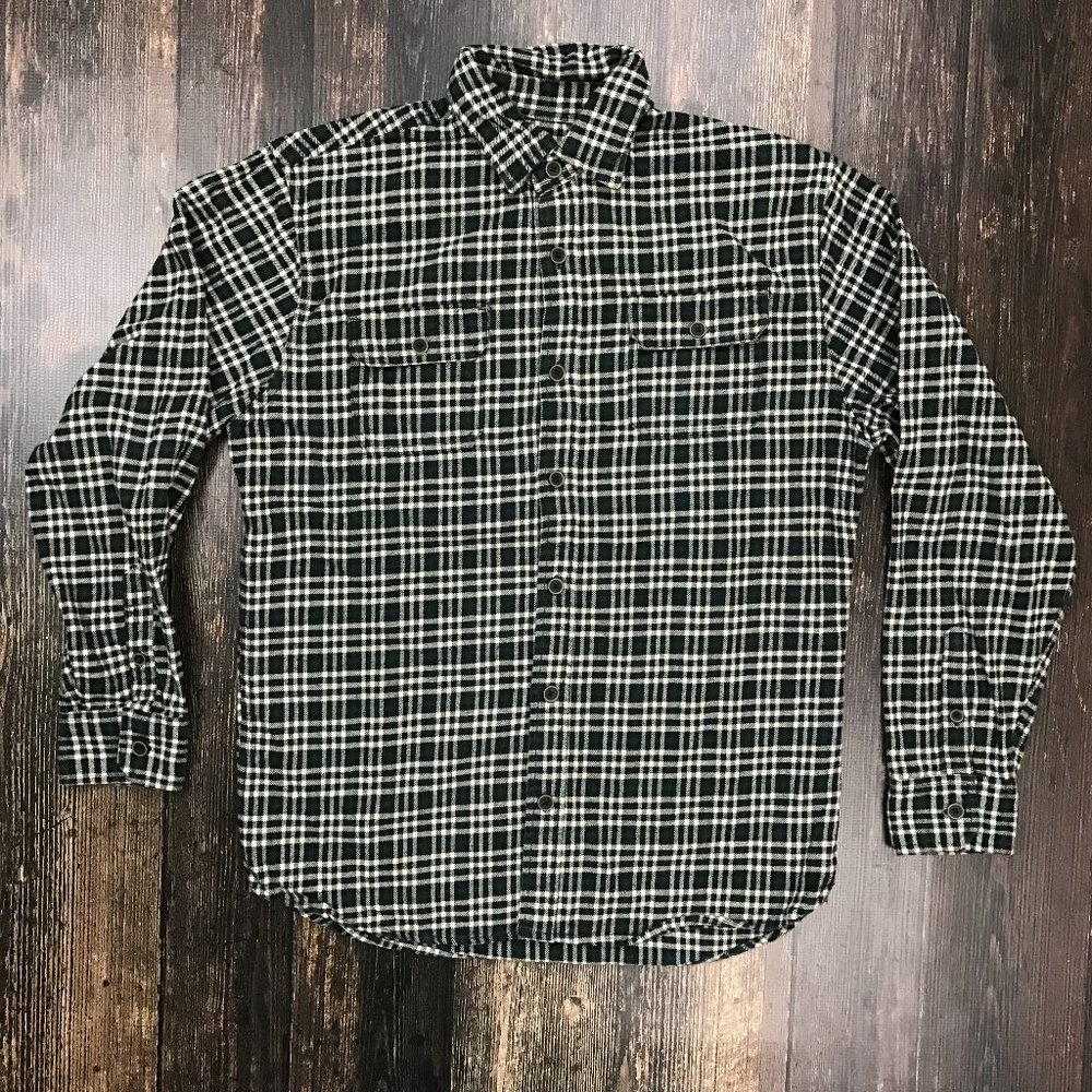 JACHS Plaid Flannel Shirt Medium Button Front LS Heavy Cotton Black White Check